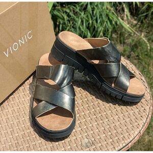 Comfort Luxury Vionic Uptown Sunset Gunmetal Leather Platform Sandals NIB 11